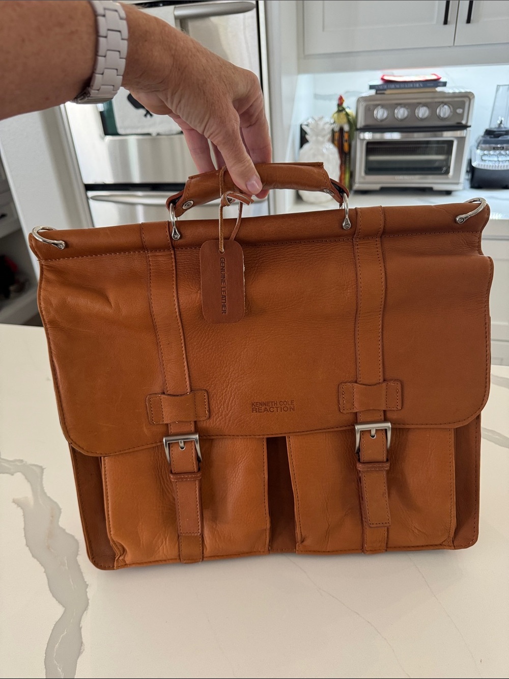 Kenneth Cole Reaction Cognac Leather Briefcase with Buckle Pockets